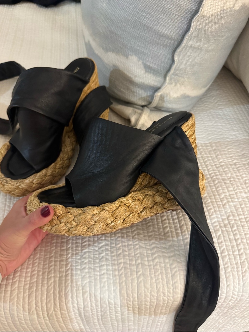 Paloma Barceló Black Leather Braided Espadrille Wedge Sandals